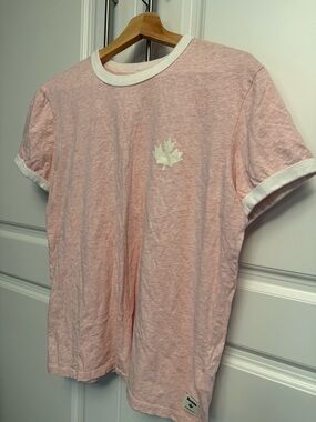 Roots Canada Ringer Tee Pink White Maple Leaf Graphic T-shirt (Large)